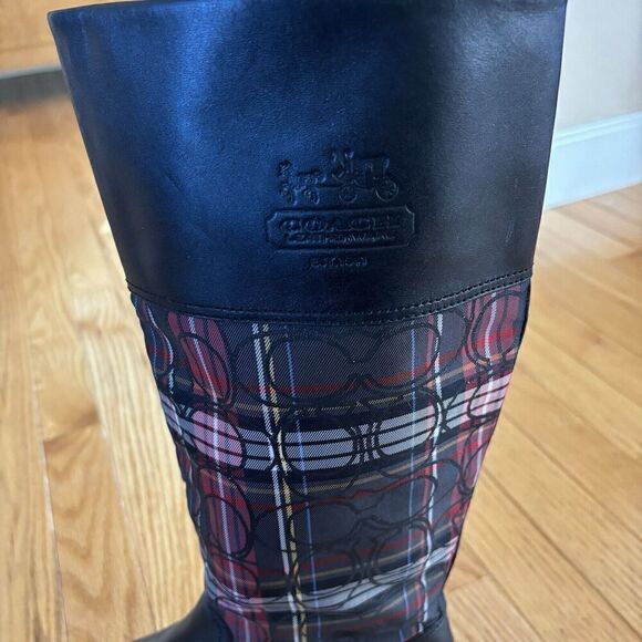 COACH CHRISSI SIGNATURE BLACK Leather Plaid Knee High Riding Boots Sz 7 - Picture 4 of 12